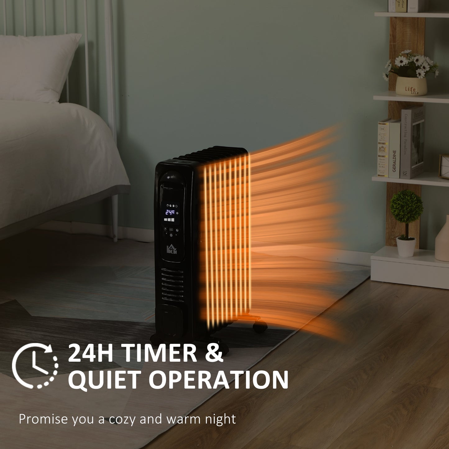HOMCOM 2000W Digital Oil Filled Radiator, 9 Fin, Portable Electric Heater with LED Display, 24-Hour Timer, 3 Heat Settings, Safety Cut-Off and Remote Control, Black