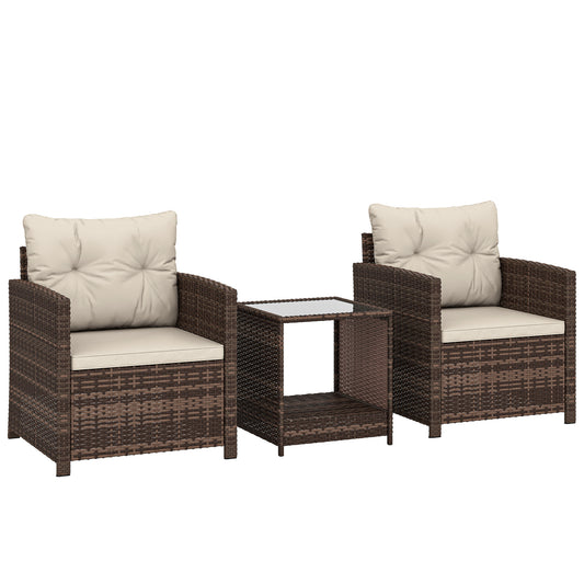 Photo of Outsunny Rattan Bistro Set, 3 Piece Garden Furniture Set with 2 Tier Glass Top Table and Cushions, Mixed Brown in Brown colour on a white background