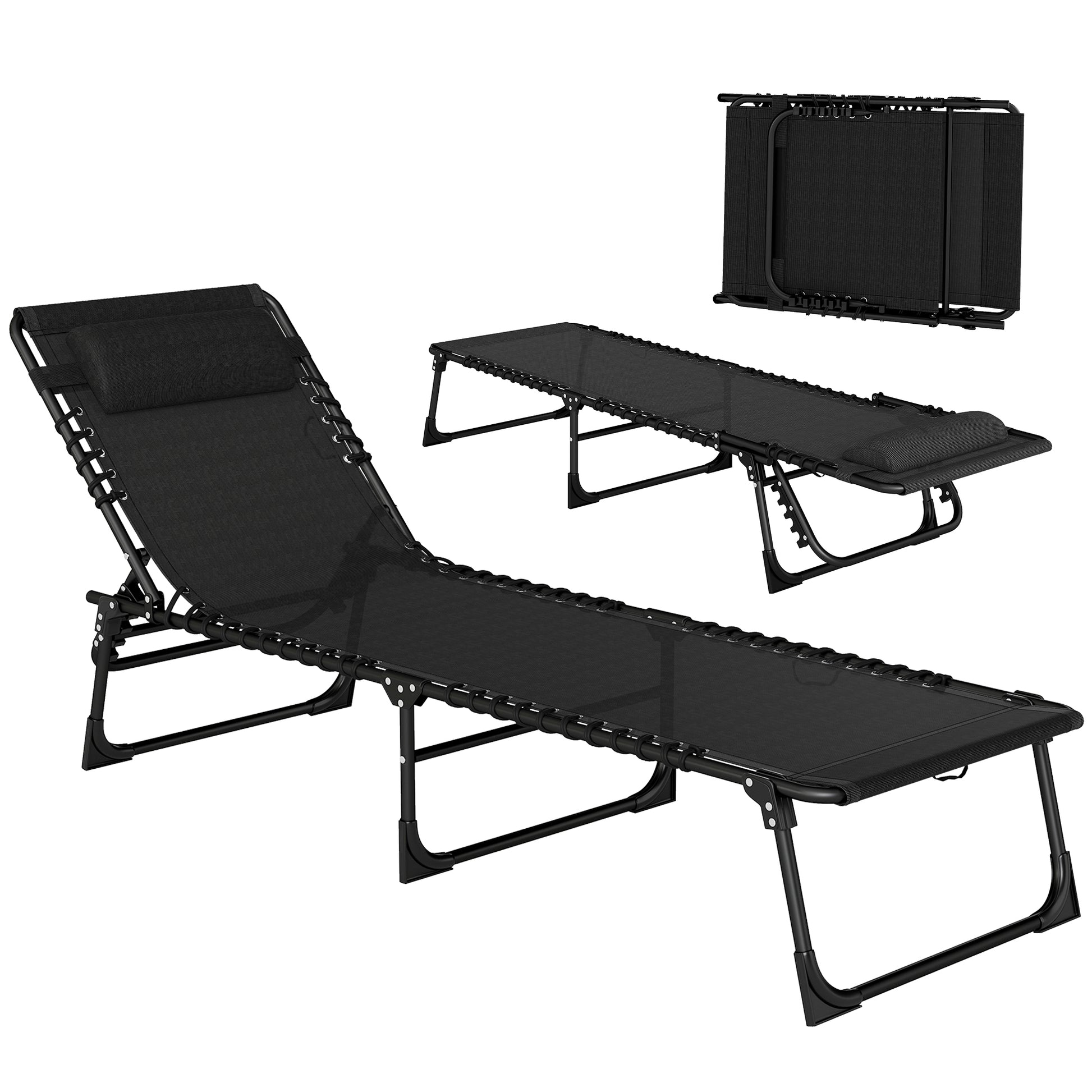 Photo of Outsunny Foldable Sun Lounger, Outdoor 4 Level Adjustable Backrest Reclining Chaise Chair, Steel Frame Recliner Chair for Camping, Hiking, Black in Black colour on a white background