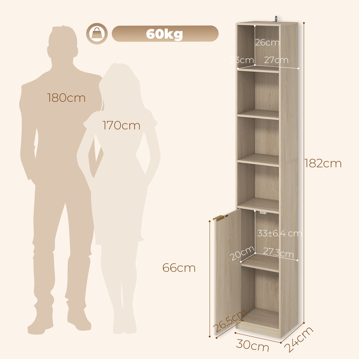 HOMCOM Bookcase Adjustable Shelf Bookshelf Anti-Tip Hardware 6-Tier Storage Cabinet Oak Wood Effect