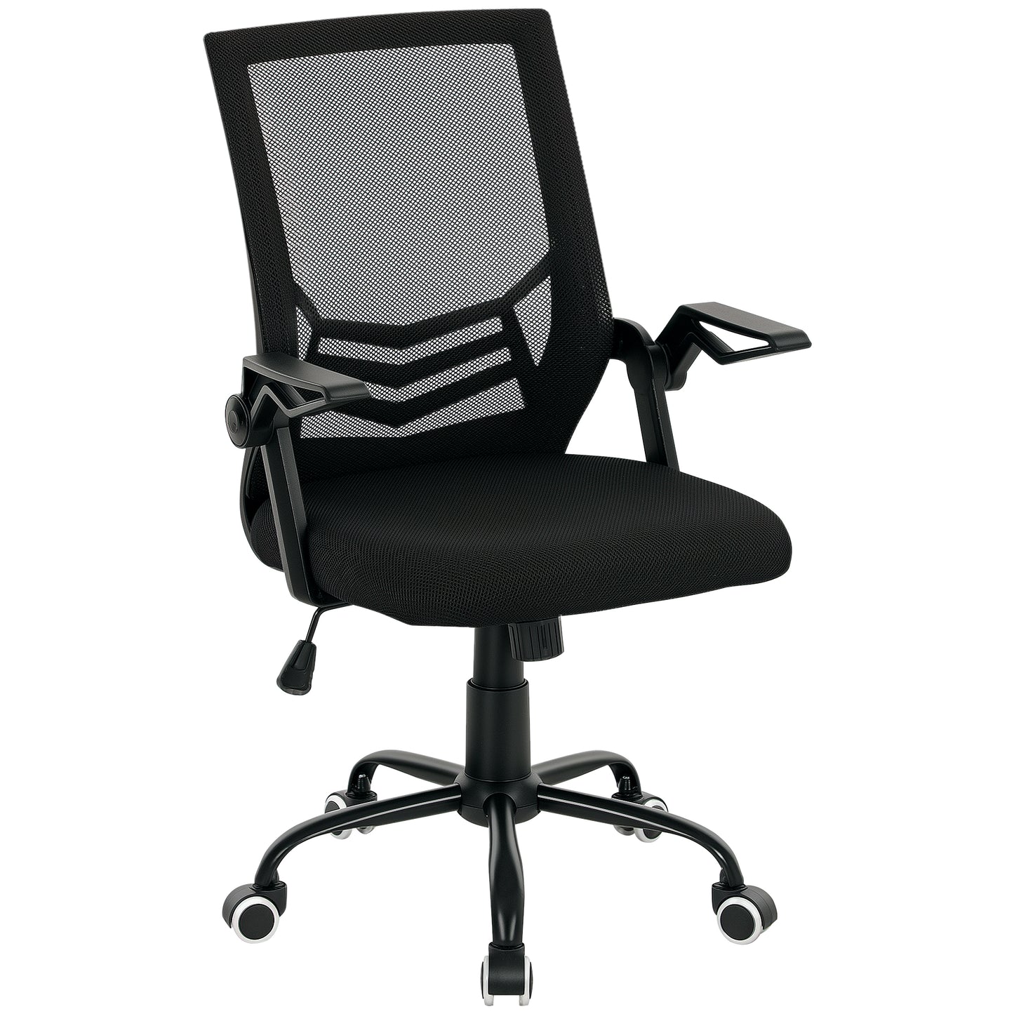 Photo of Vinsetto Mesh Office Chair, Computer Desk Chair with Flip-up Armrests, Lumbar Back Support and Swivel Wheels, Black in Black colour on a white background