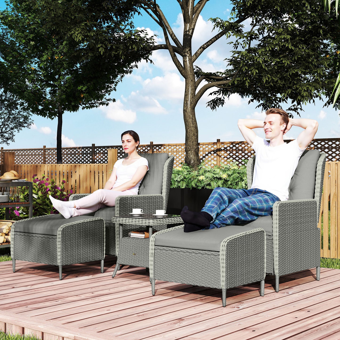 Outsunny Five-Piece Reclining Rattan Chair Set - Charcoal Grey