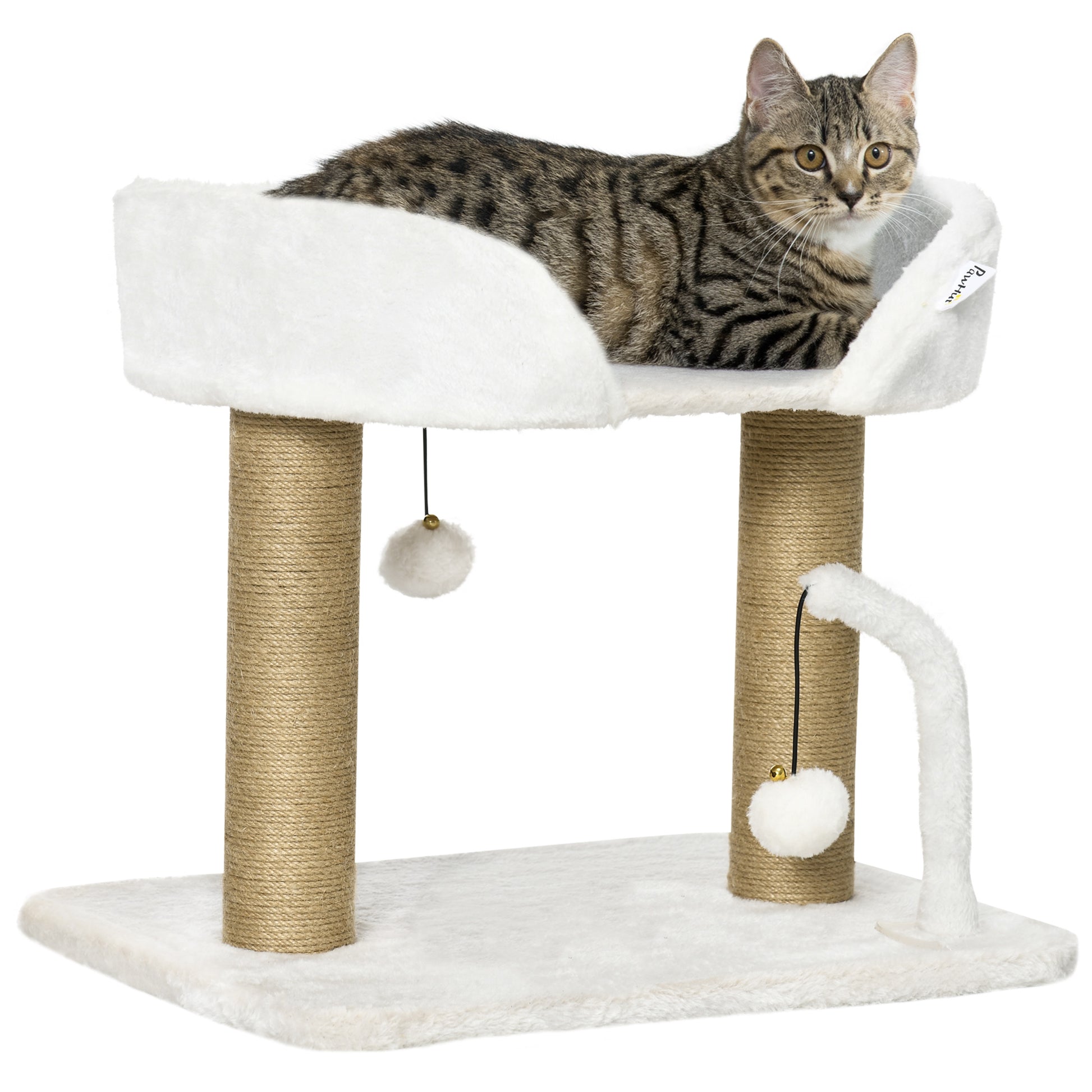 Photo of PawHut 42cm Indoor Cat Tree, with Toy Balls, Jute Scratching Post - White in White colour on a white background