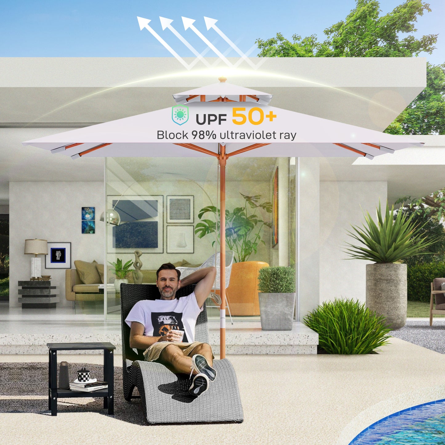 Outsunny 3 x 3m Garden Parasol with Double-Tier Canopy, Large UV Resistant Patio Umbrella for Sun Shade, Garden Dining & Outdoor Seating, Grey