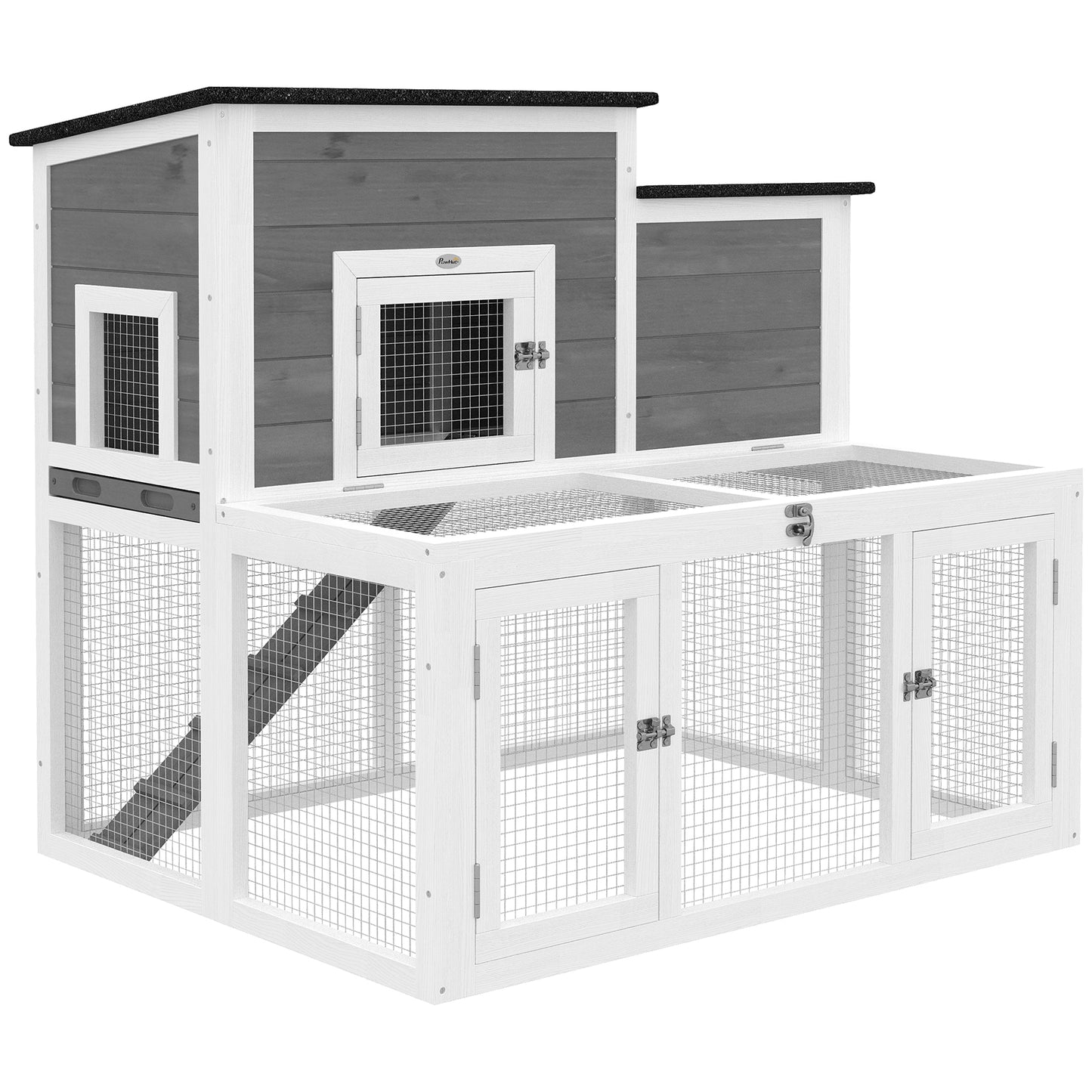 Photo of PawHut Wooden Rabbit Hutch, Indoor Outdoor Bunny Cage with Waterproof & Openable Roof, Pull Out Tray and Ramp, Guinea Pig Hutch in Hutch colour on a white background