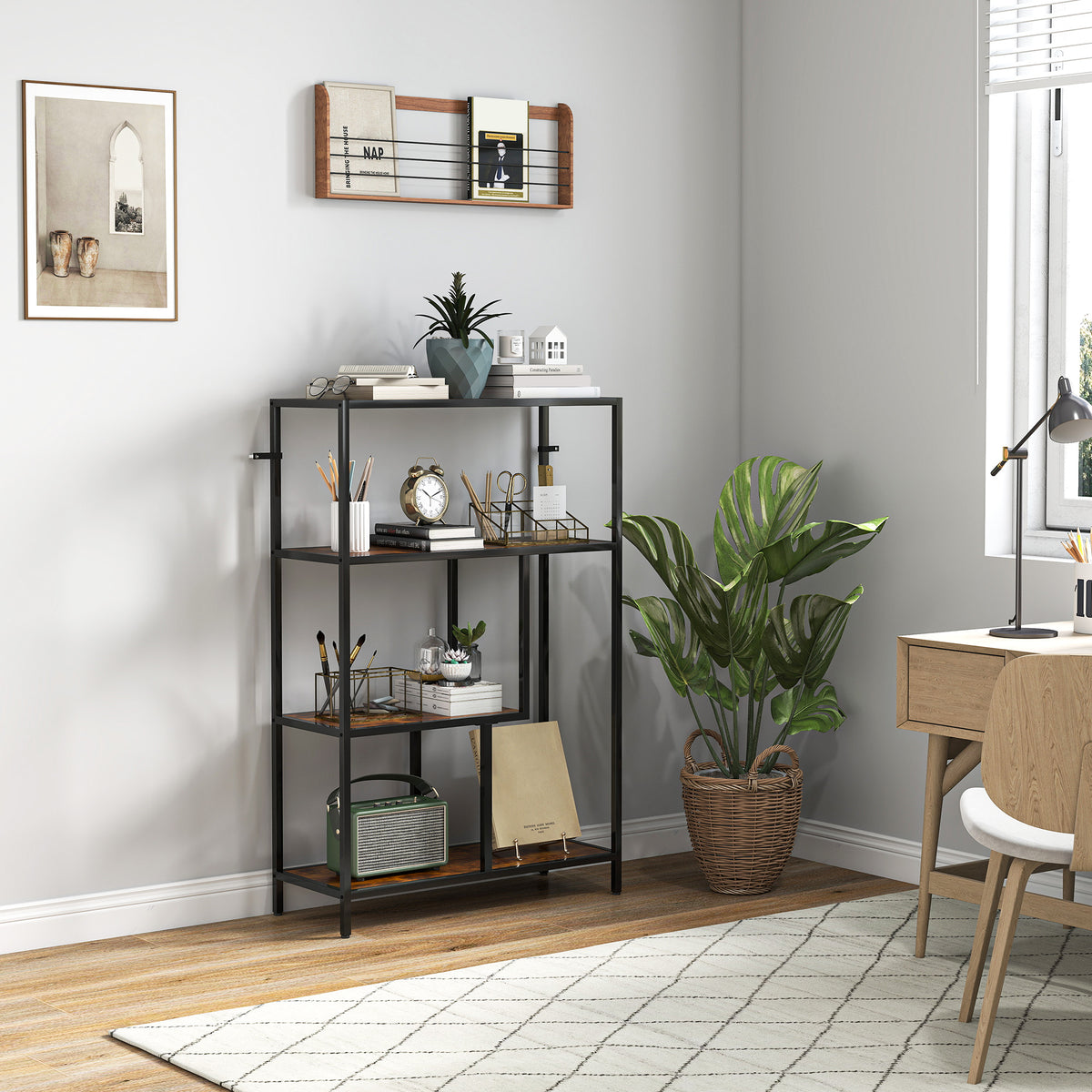 HOMCOM 4-Tier Bookshelf with Open Shelves - Rustic Brown