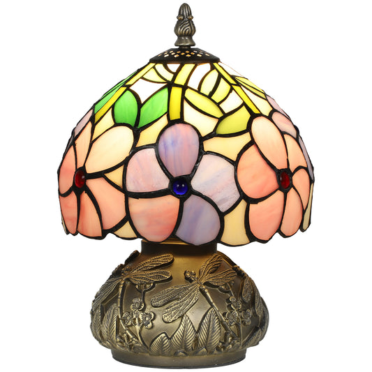 Photo of HOMCOM Tiffany-Style Table Lamp with Sculpted Dragonfly Base, Handcrafted Classic Stained Glass Bedside Lamp for Living Room and Bedroom, E27 Socket, Pink in Pink colour on a white background