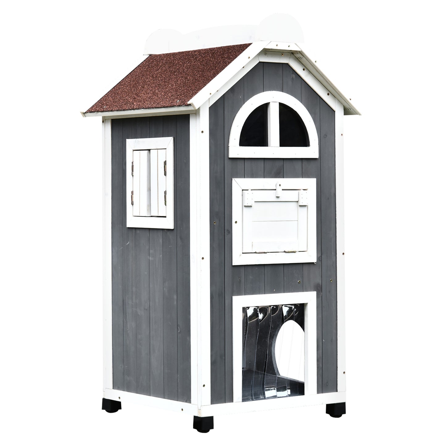 Photo of PawHut Wooden Cat House, Weatherproof Pet Shelter, Outdoor Cat Condos Cave, 2 Floor Furniture, Grey and White in White colour on a white background