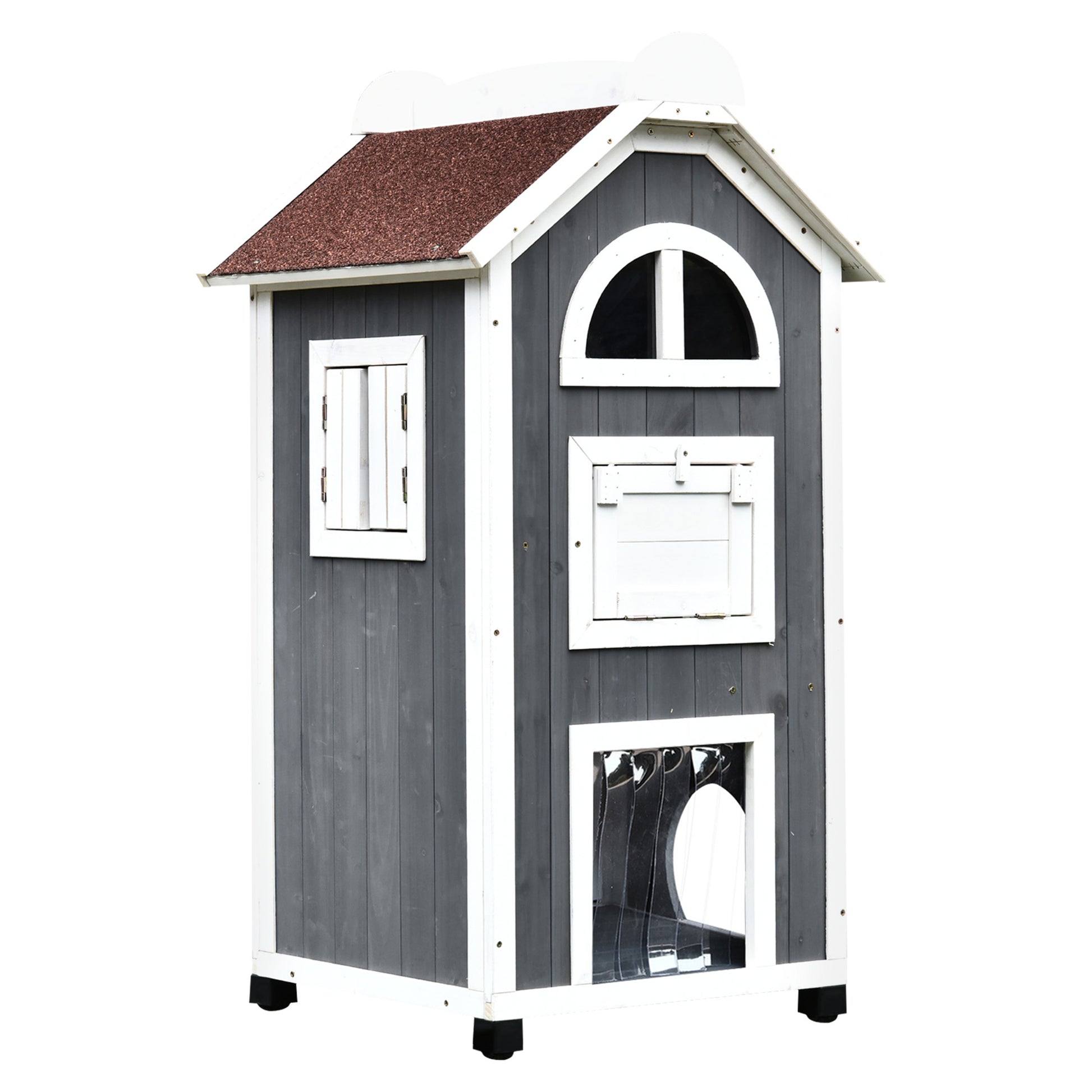 Photo of PawHut Wooden Cat House, Weatherproof Pet Shelter, Outdoor Cat Condos Cave, 2 Floor Furniture, Grey and White in White colour on a white background