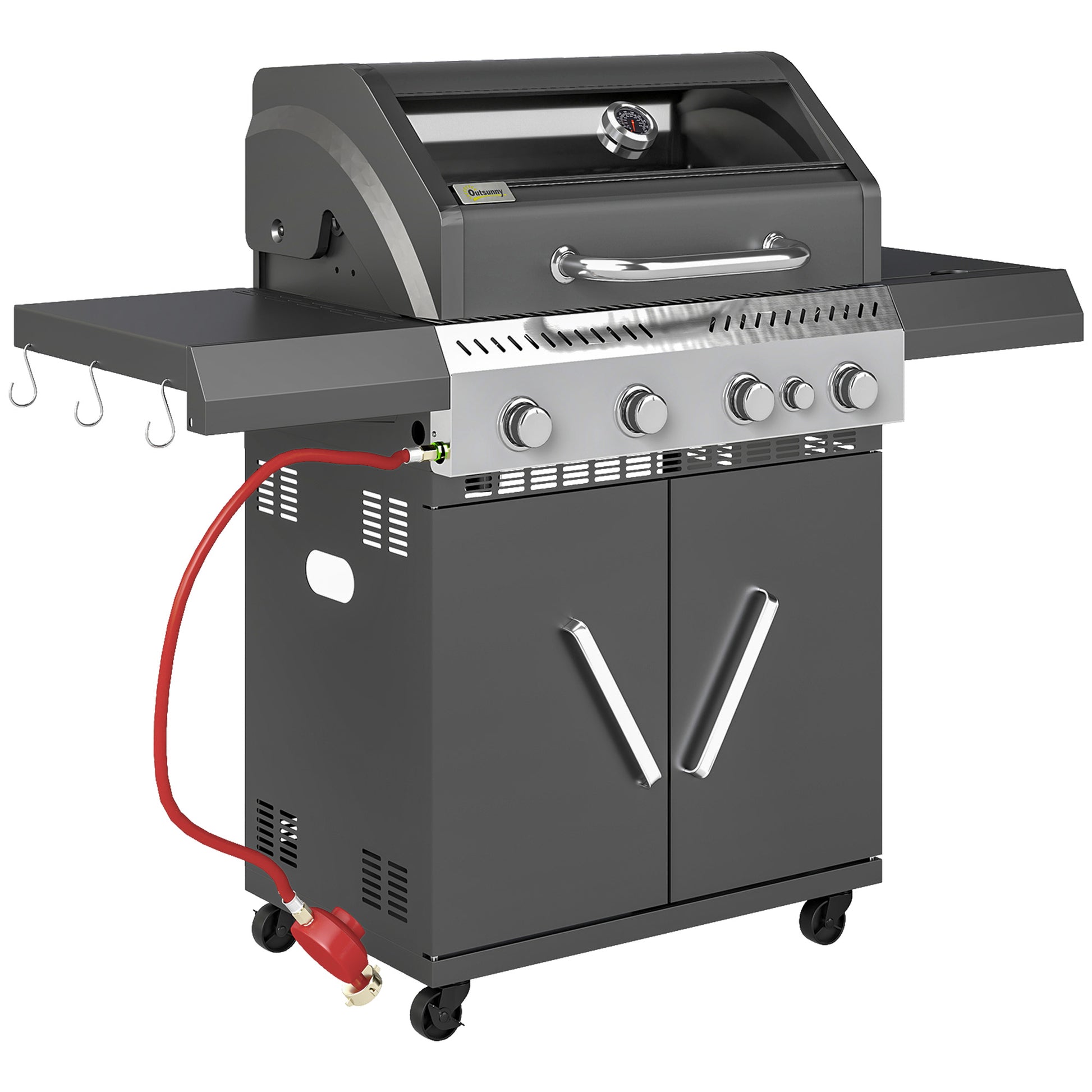 Photo of Outsunny 4+1 Burner Gas BBQ Grill with Clear View Lid, Portable Gas Barbecue Grill with Built-in Thermometer, Side Table, Cabinet, Wheels, Grease Tray for Garden Party Outdoor Cooking, Black in Black colour on a white background