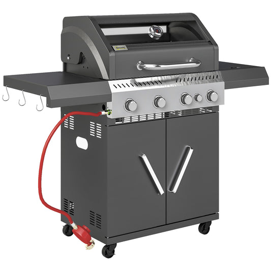 Photo of Outsunny 4+1 Burner Gas BBQ Grill with Clear View Lid, Portable Gas Barbecue Grill with Built-in Thermometer, Side Table, Cabinet, Wheels, Grease Tray for Garden Party Outdoor Cooking, Black in Black colour on a white background