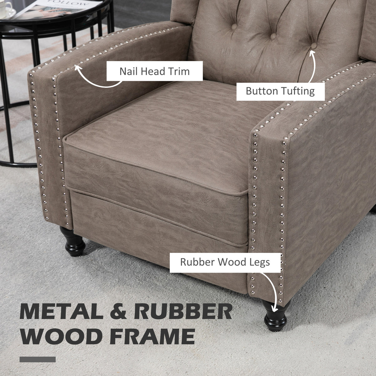 HOMCOM brown armchair detail showing nailhead trim, button tufting, and wood legs