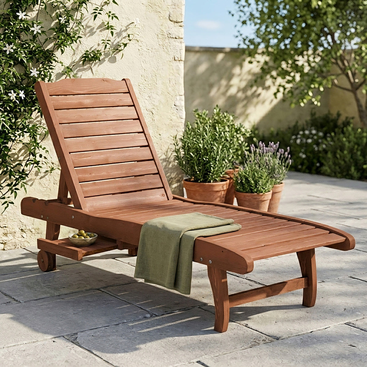 Wooden chaise lounge with adjustable backrest and pullout side tray