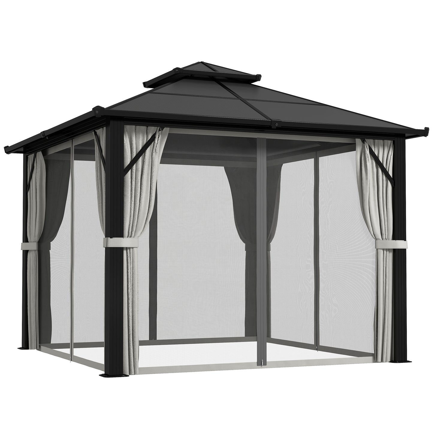 Photo of Outsunny 3 x 3(m) Hardtop Gazebo Canopy with UPF30+ Double Polycarbonate Roof, Aluminium Frame Garden Gazebo Permanent Pavilion with Mosquito Netting and Curtains for Patio, Deck, Grey in Grey colour on a white background