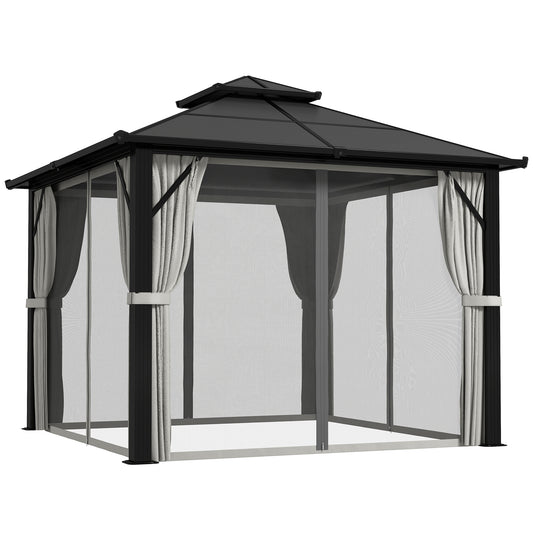 Photo of Outsunny 3 x 3(m) Hardtop Gazebo Canopy with UPF30+ Double Polycarbonate Roof, Aluminium Frame Garden Gazebo Permanent Pavilion with Mosquito Netting and Curtains for Patio, Deck, Grey in Grey colour on a white background