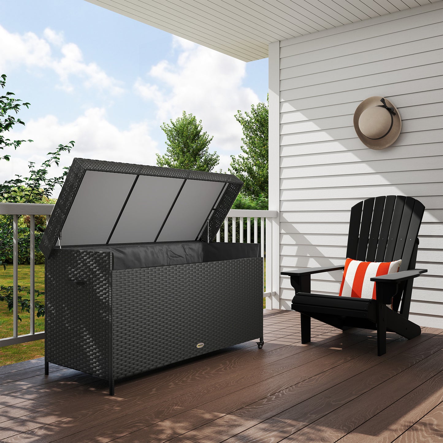 Outsunny 627L Rattan Storage Box with 2 Brake Wheels - Black
