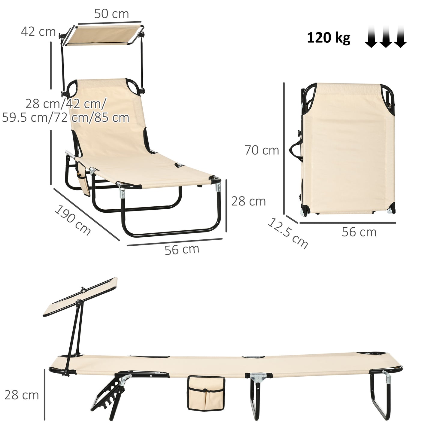 Outsunny 2 Piece Folding Sun Loungers with Canopy, Adjustable Recliner Garden Chairs with Side Pocket, Steel Frame and Breathable Mesh for Outdoor, Pool, Beach, Garden, Tan Brown