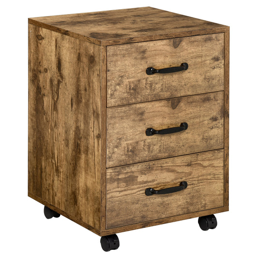 Photo of HOMCOM 3 Drawer File Cabinet, Mobile Filing Cabinet on Wheels for Home Office, Study, Rustic Brown in Brown colour on a white background