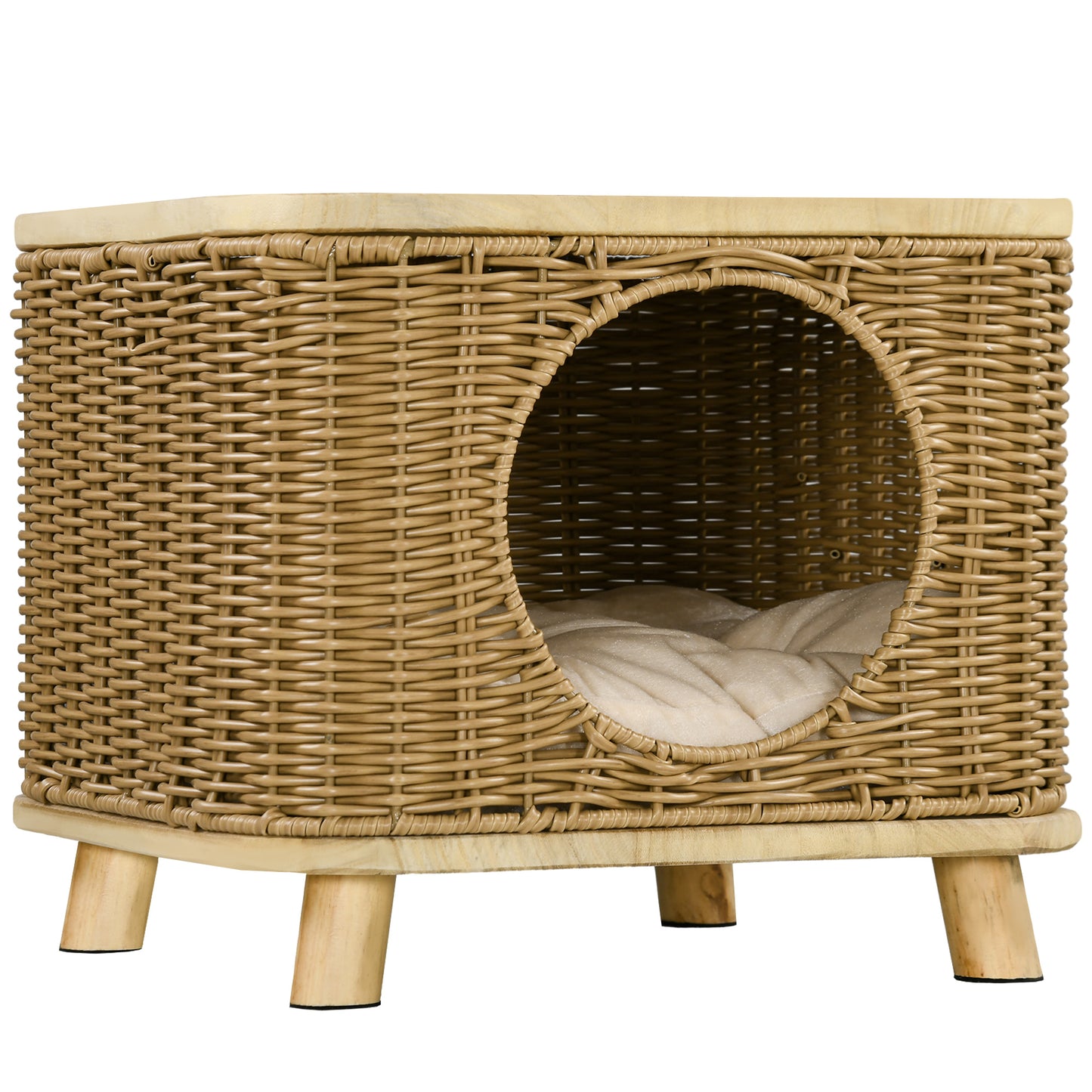 Photo of PawHut Elevated Design Wicker Cat House with Washable Cushion, Light Brown in Brown colour on a white background