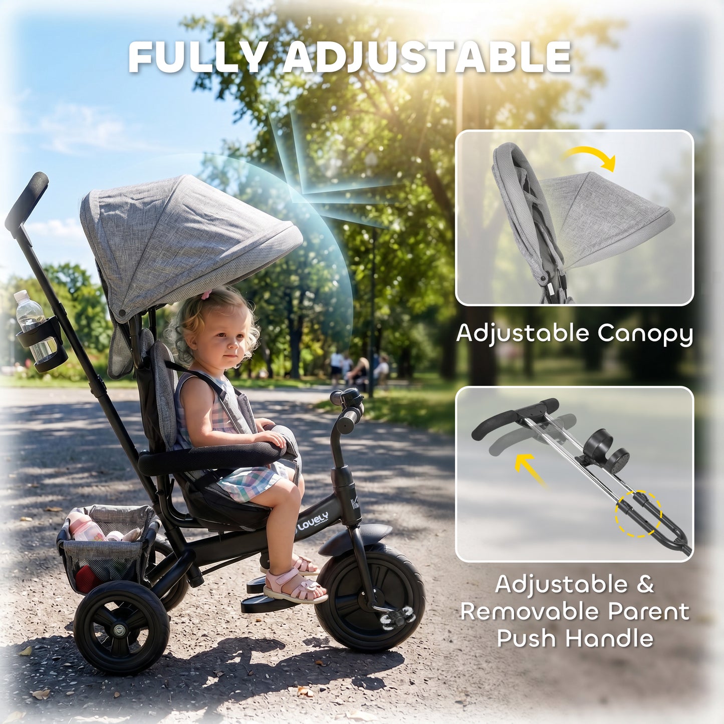 HOMCOM 6 in 1 Kids Trike Push Bike w/ Push Handle, Canopy, 5-point Seat Belt, Storage, Footrest, Brake, for 1-5 Years, Grey