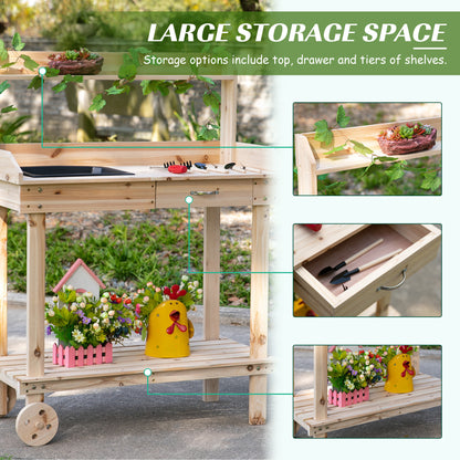 Outsunny wooden potting bench with upper shelf, drawer, and lower storage tier