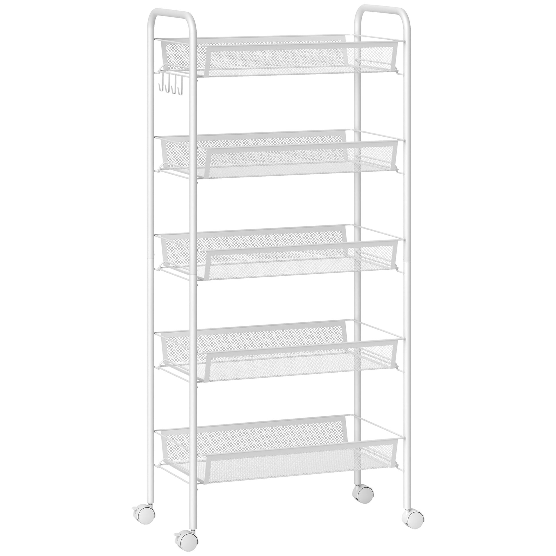 Photo of HOMCOM Five-Steel Mesh Basket Storage Trolley, with Wheels - White in White colour on a white background