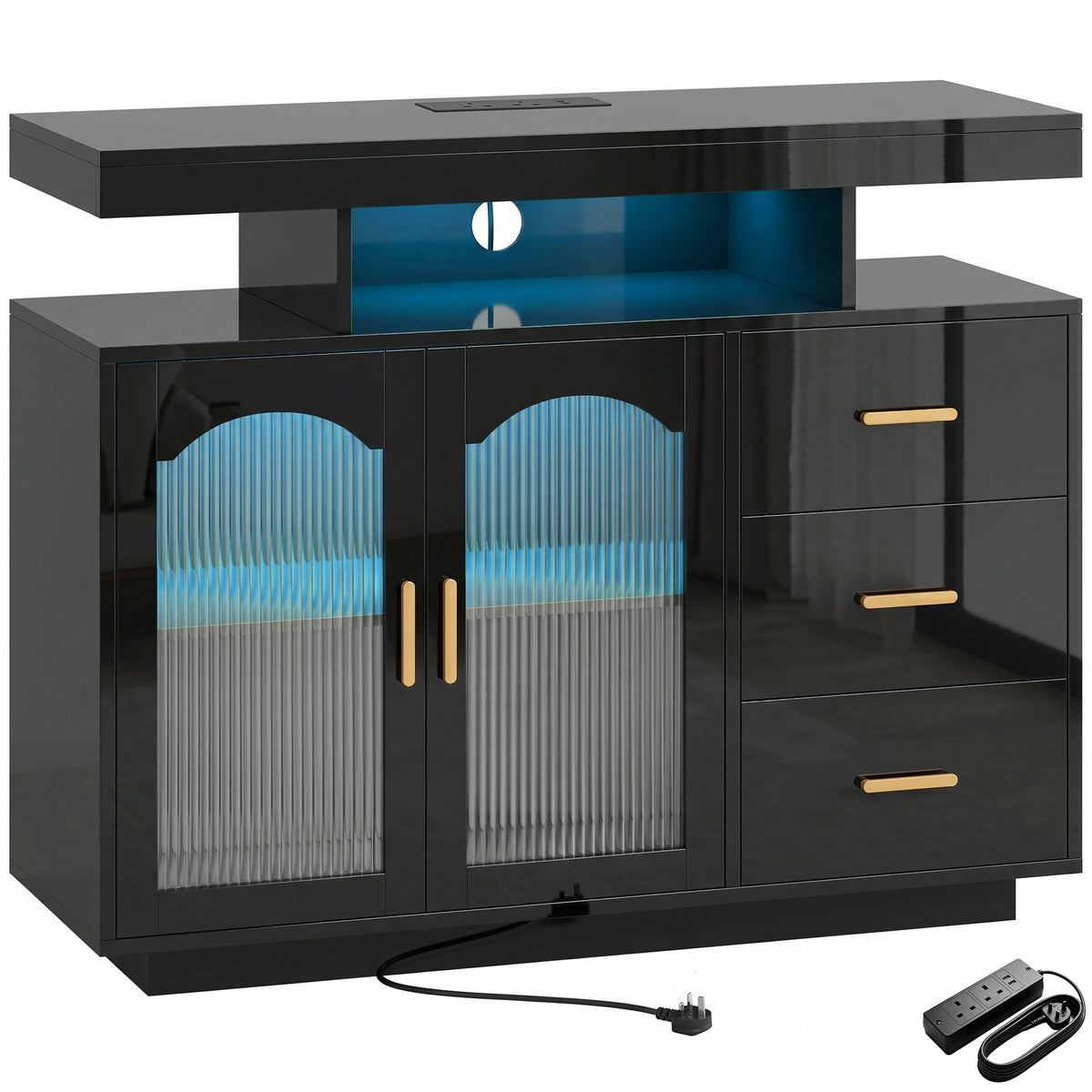 Photo of HOMCOM High Gloss Sideboard with LED Lights, Built-in Power Outlets, 3 Drawers, Shelves and 2 Acrylic Doors, Black in Black colour on a white background
