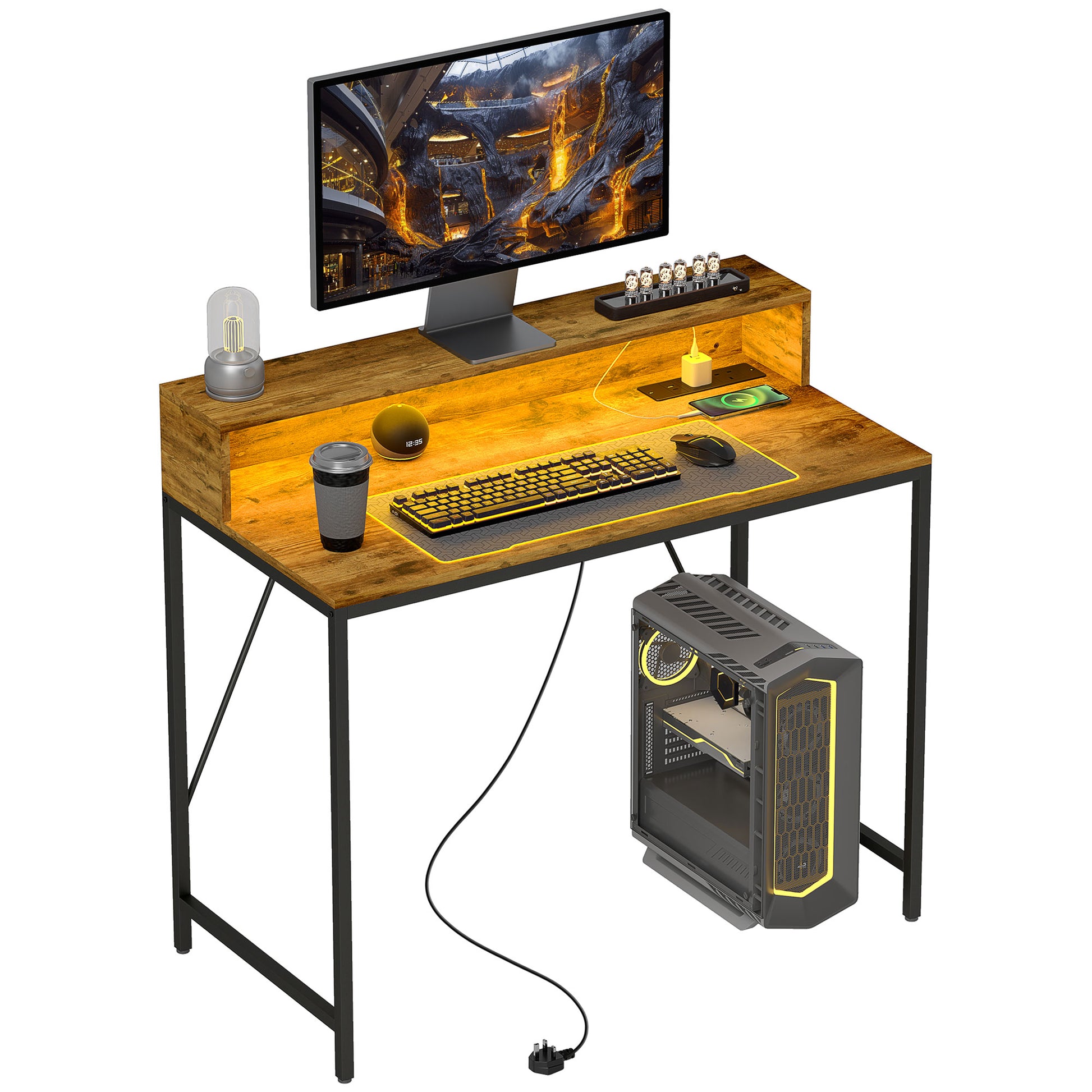 Photo of HOMCOM 100cm Computer Desk with LED Lights and Power Outlets, Gaming Desk with Monitor Stand, Computer Table with Remote for Home Office Study, Rustic Brown in Brown colour on a white background