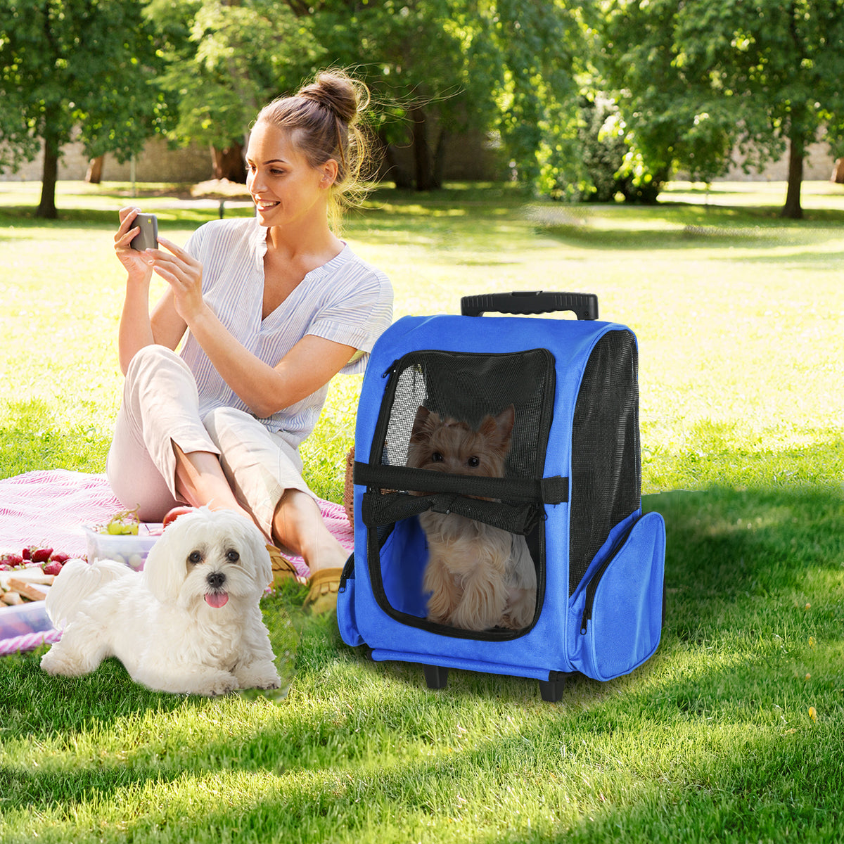 PawHut 2 in 1 Dog Backpack and Trolley, Pet Travel Backpack Cat Dog Carrier with Telescopic Handle, Portable Pet Stroller Wheel Luggage Bag (Blue)