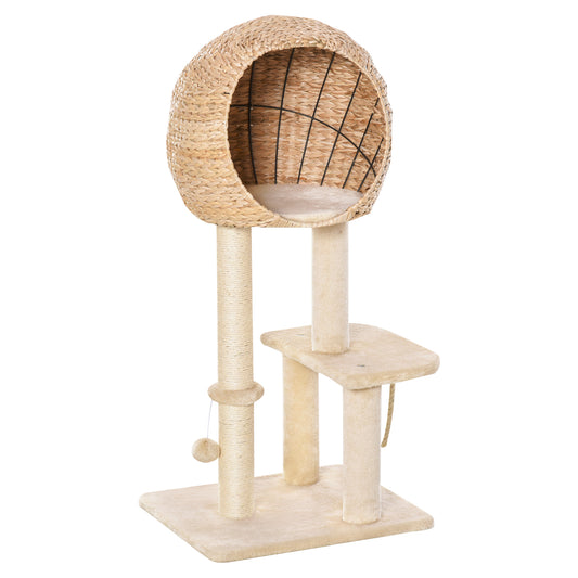 Photo of PawHut Cat Tree for Indoor Cats 100cm Kitten Climbing Tower Activity Center with Sisal Scratching Post Condo Perch Hanging Balls Teasing Rope Toy Cushion in Cushion colour on a white background
