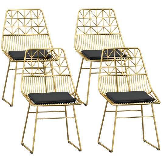 Photo of HOMCOM Luxurious Dining Chairs Set of 4, Metal Wire Kitchen Chair with Removable Velvet-feel Cushion, Cut-out Back and Steel Frame for Dining Room, Gold Tone in Tone colour on a white background
