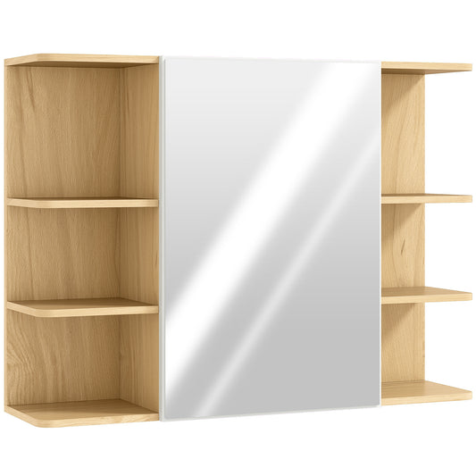 Photo of HOMCOM Bathroom Mirror Cabinet with Open Storage Shelves - Natural Wood Finish in Finish colour on a white background
