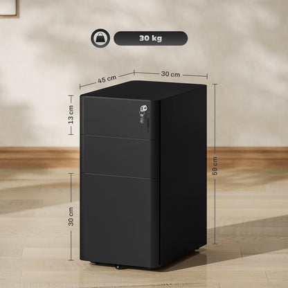 Vinsetto black three-drawer filing cabinet with lock, 45 cm wide and 58.9 cm tall