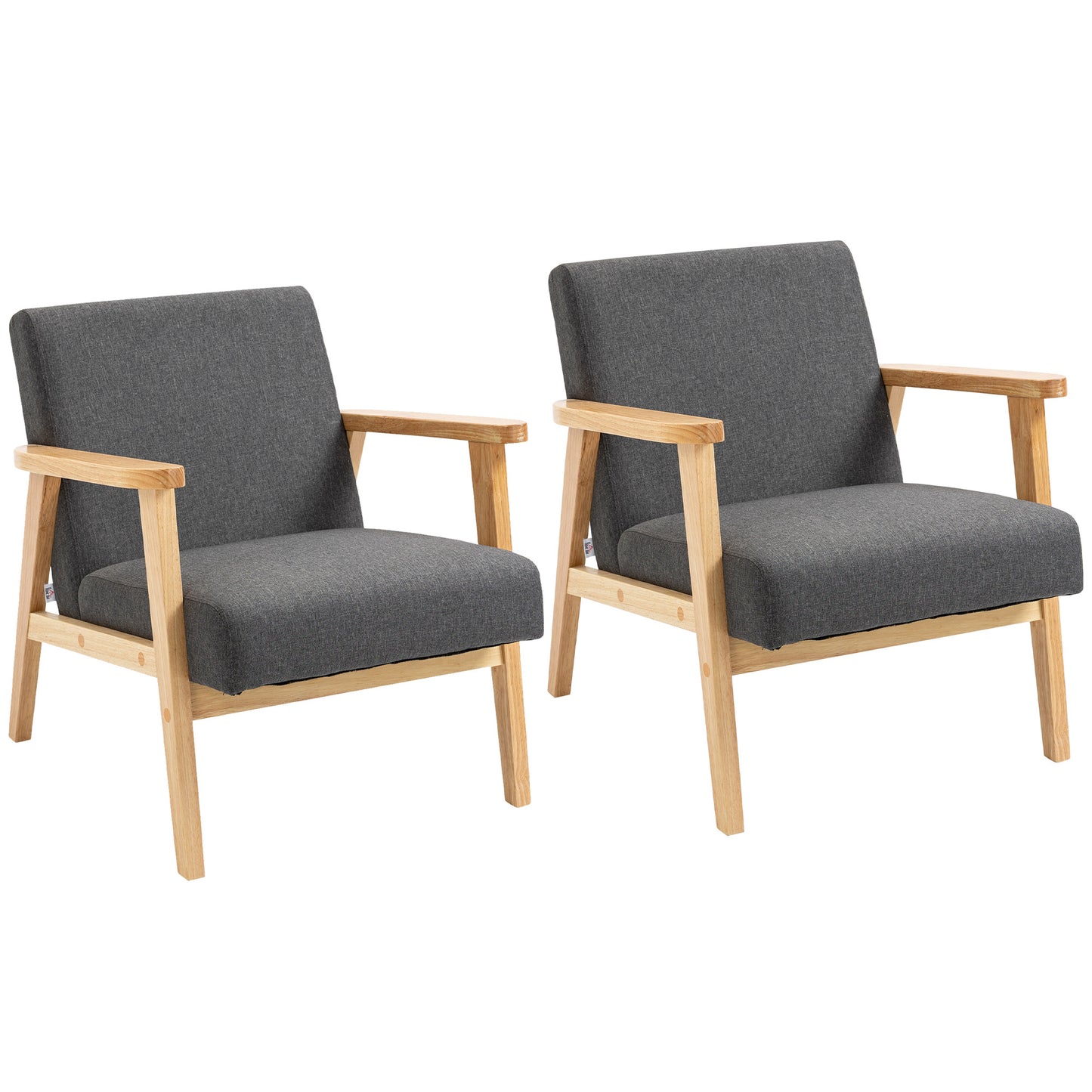 Photo of HOMCOM Set of 2 Accent Armchair, Living Room Chair, Wooden Upholstered Single Lounge Chair with Rubber Wood Legs and Padded Seat, Leisure Sofa Chair for Bedroom Office, Dark Grey in Grey colour on a white background