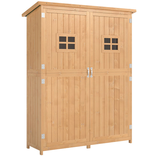 Photo of Outsunny Wooden Garden Shed with Two Windows, Tool Storage Cabinet, Outdoor Double Door Organizer 127.5L x 50W x 164H cm, Natural in Natural colour on a white background