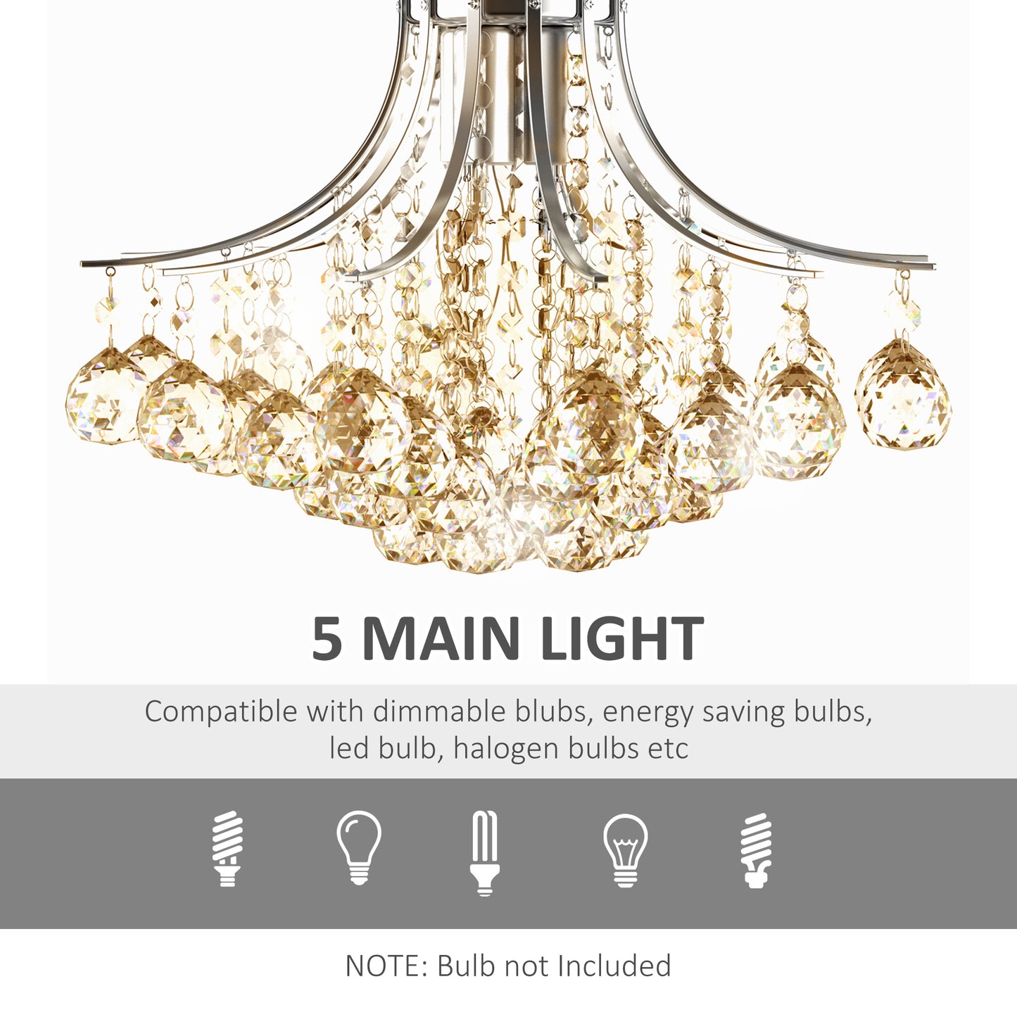 HOMCOM Crystal Chandeliers, 40cm K9 Droplets Ceiling Light with 3 E14 Bulb Base, Pendant Lights for Living Room, Bedroom, Dining Room, Hallway, Kitchen
