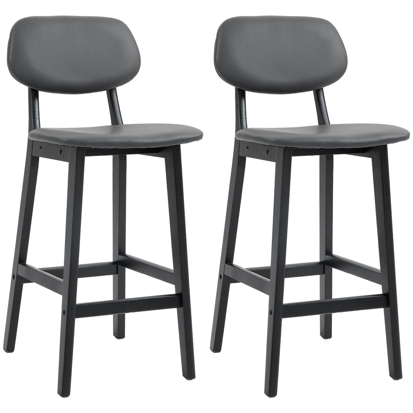 Photo of HOMCOM Bar Stools Set of 2, Breakfast Bar Chairs, PU Leather Upholstered Kitchen Stools with Backs, Footrests and Solid Wood Legs, Dark Grey in Grey colour on a white background