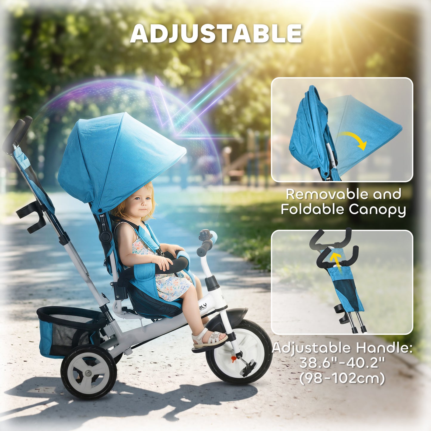 HOMCOM 6 in 1 Kids Trike with Parent Handle, Canopy, 5-point Seat Belt, Storage, Footrest, Brake, for 1-5 Years, Blue
