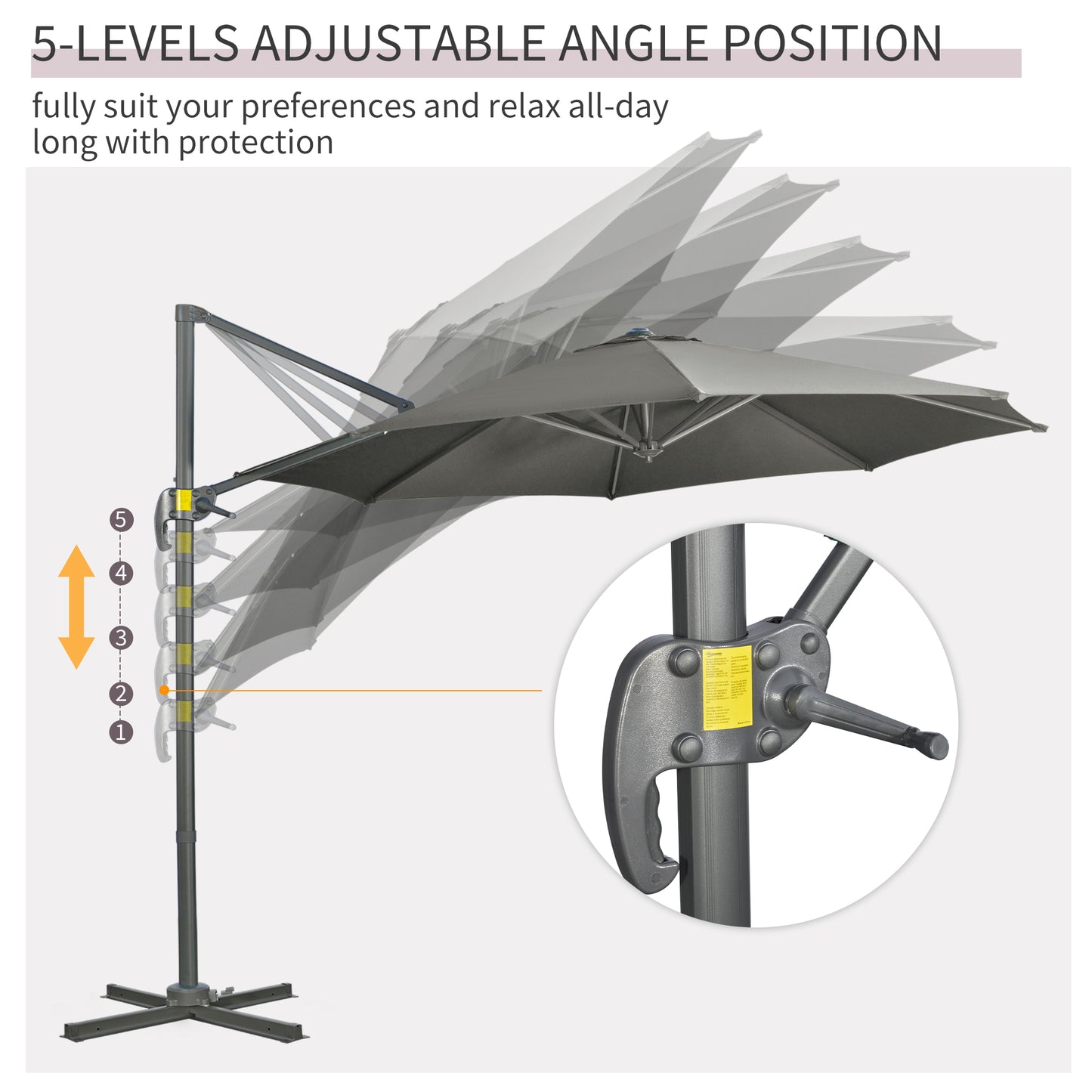 Outsunny 3 x 3(m) Cantilever Parasol with Cross Base, Garden Umbrella with 360° Rotation, Crank Handle and Tilt for Outdoor, Patio, Grey