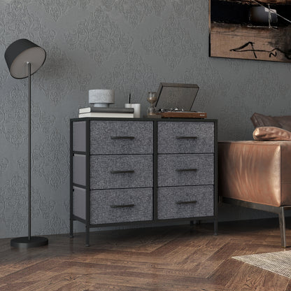 HOMCOM gray fabric dresser with six drawers, steel frame and black top