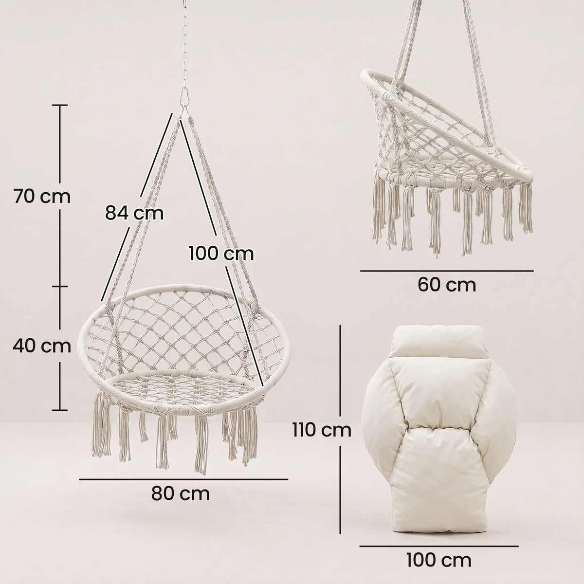 Outsunny hammock chair dimensions and views of the rope seat and folded cushion