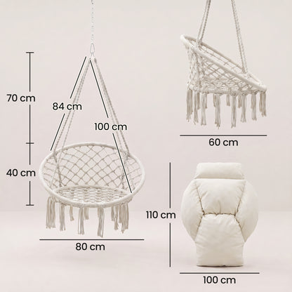 Outsunny hammock chair dimensions and views of the rope seat and folded cushion