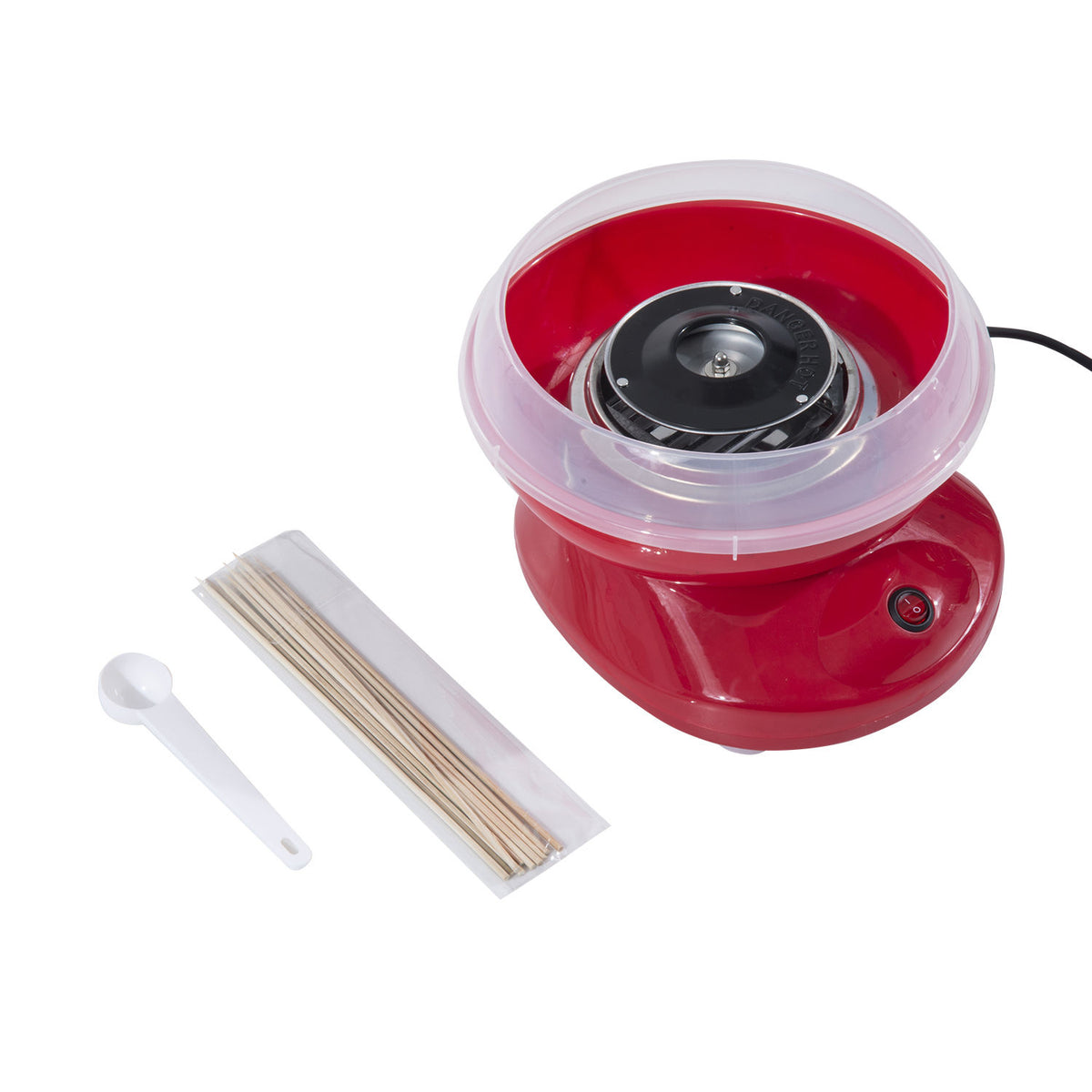 Red cotton candy maker shown with a sugar scoop and bamboo sticks.