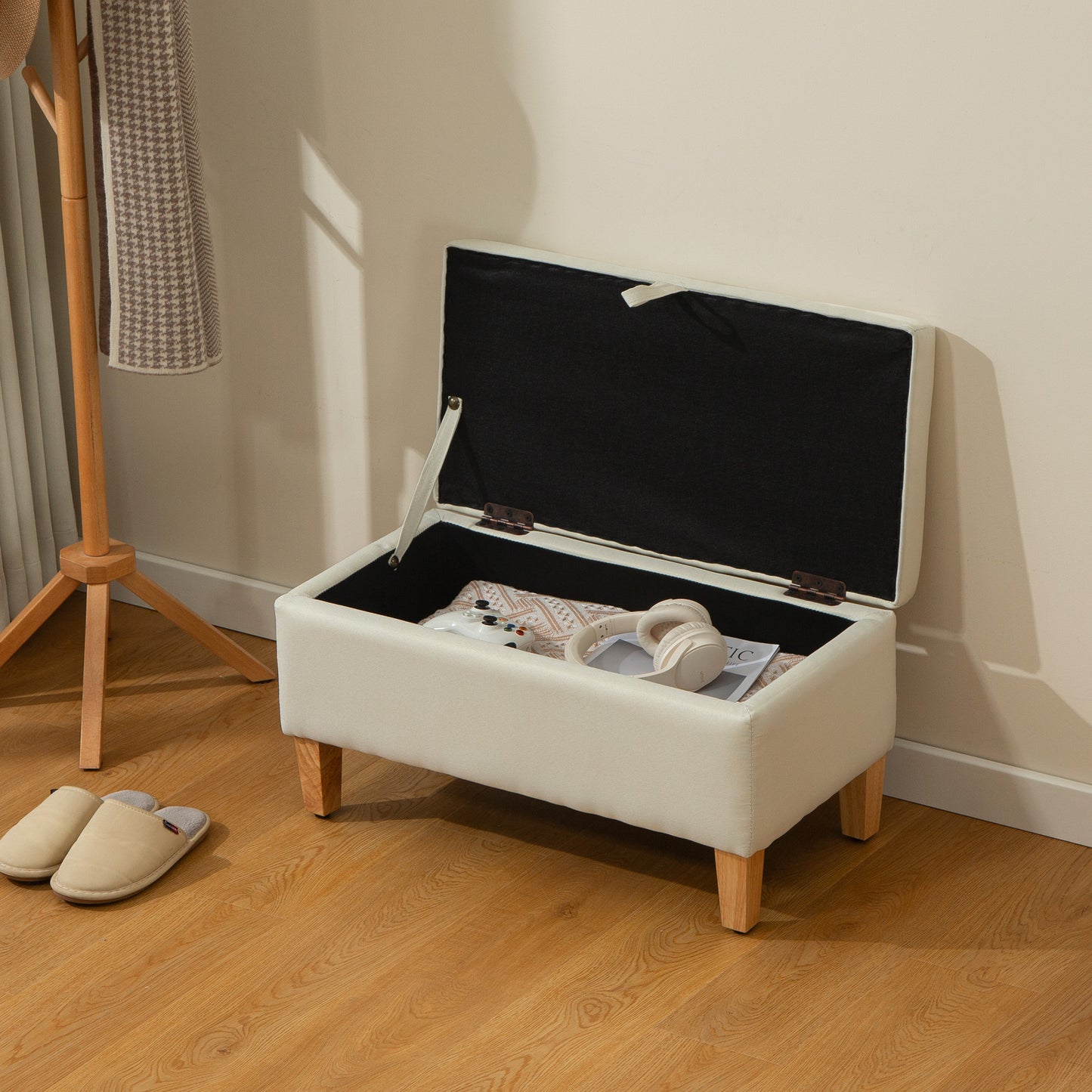 HOMCOM 30L Linen Storage Ottoman Padded Footstool with Rubberwood Legs for Storage Box, Bed End, Shoe Bench, Seating, Beige