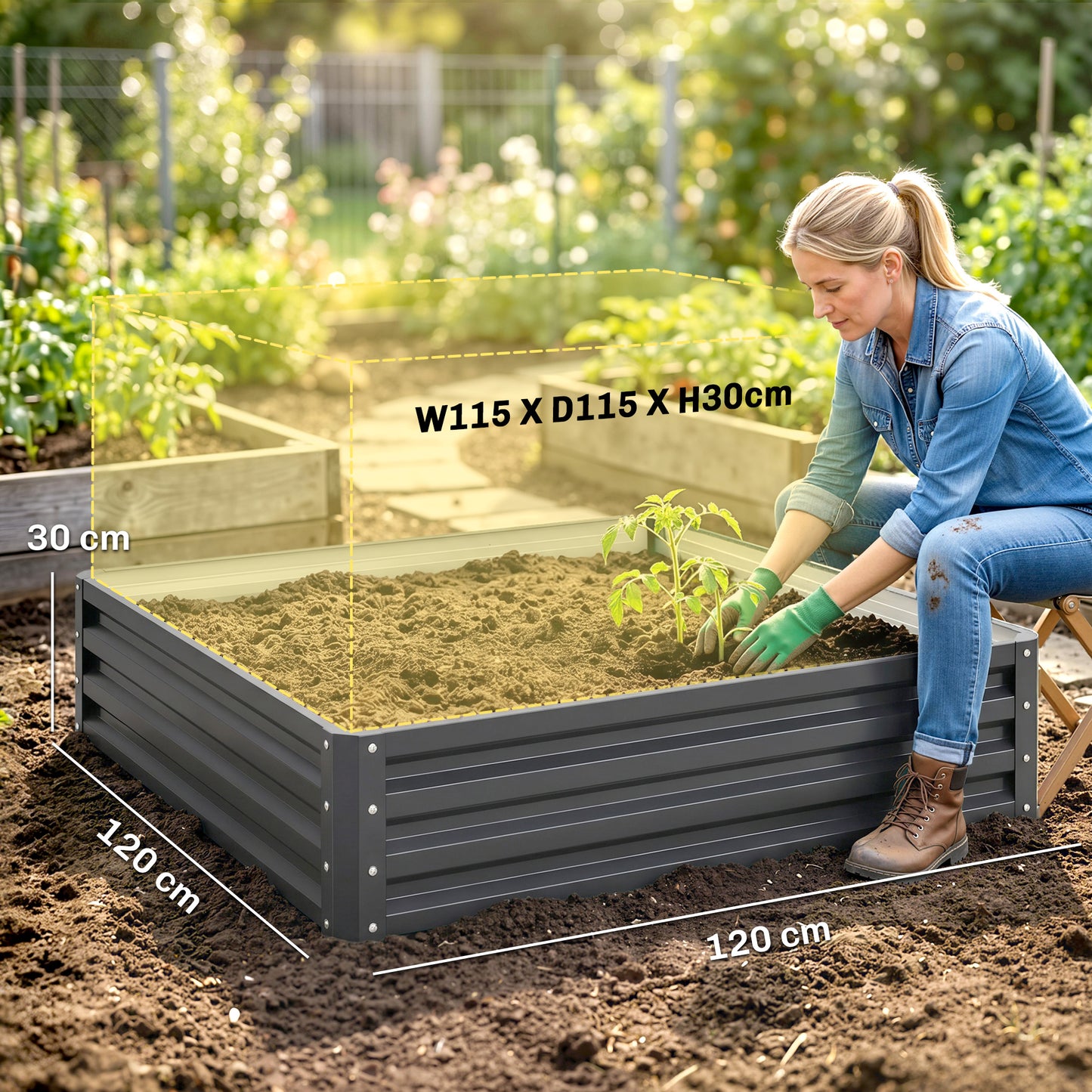 Outsunny 432L Square Raised Garden Bed Box Steel Frame for Vegetables, Flowers and Herbs, 120 x 120 x 30cm, Light Grey