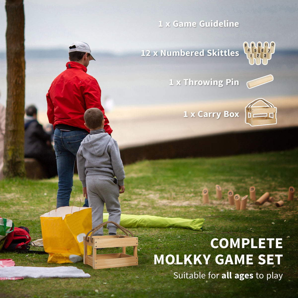 SPORTNOW Wooden Scatter Game Set, Numbered Skittles Throwing Game with 12 Skittles, 1 Throwing Pin and Carrying Box