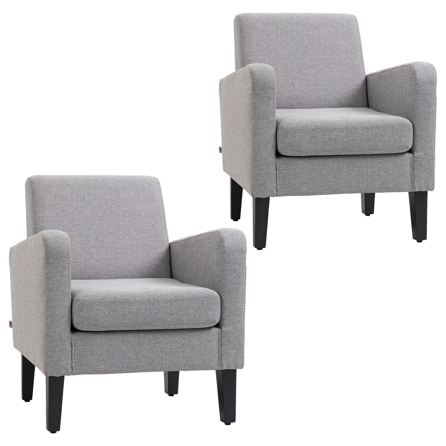 Photo of HOMCOM 2 Pieces Modern Armchairs with Rubber Wood Legs, Upholstered Accent Chairs, Single Sofa for Living Room, Bedroom, Light Grey in Grey colour on a white background