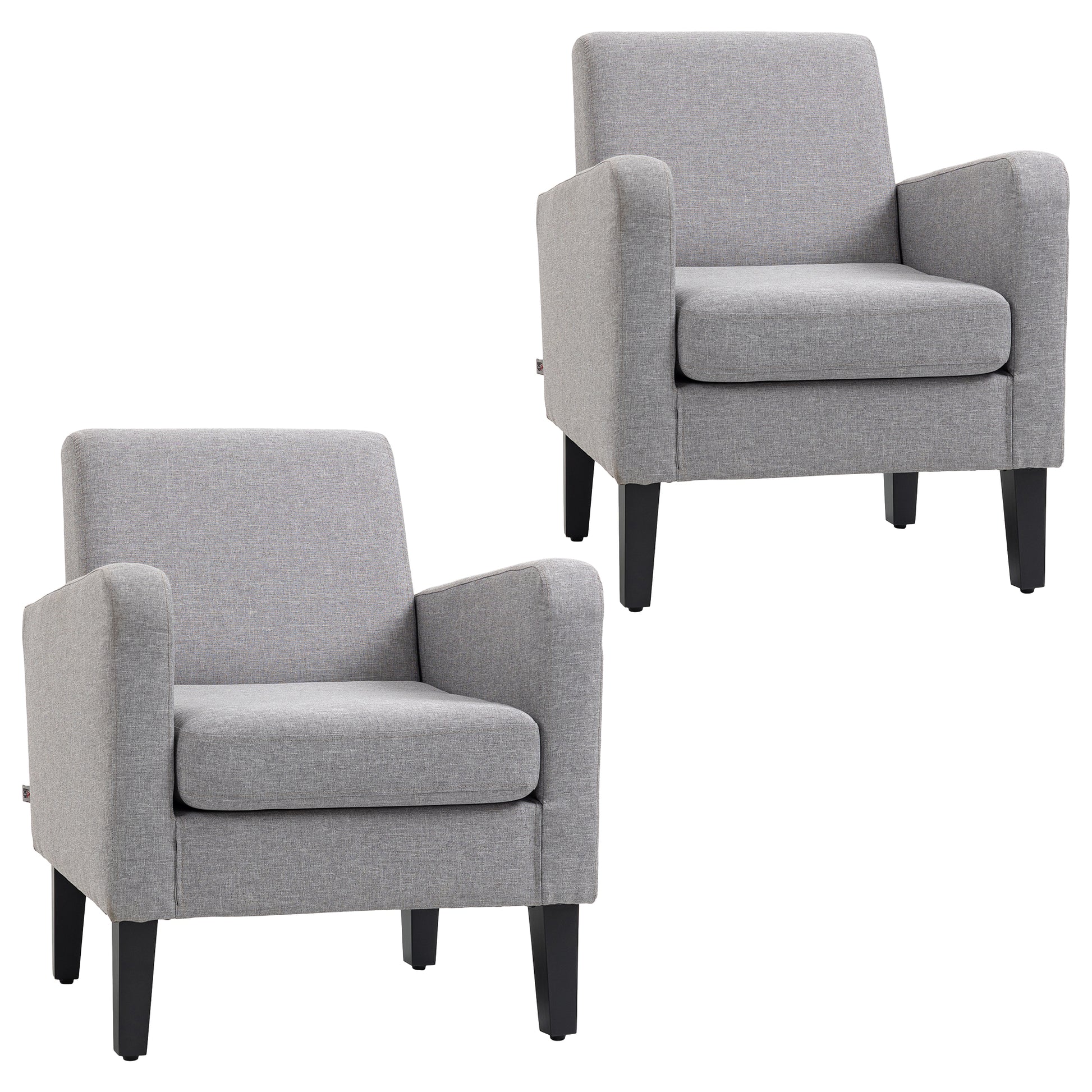 Photo of HOMCOM 2 Pieces Modern Armchairs with Rubber Wood Legs, Upholstered Accent Chairs, Single Sofa for Living Room, Bedroom, Light Grey in Grey colour on a white background
