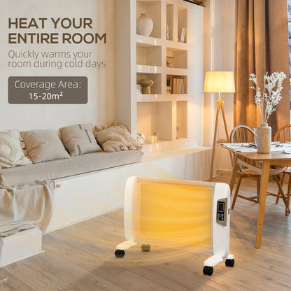 White mica space heater with glowing panel, digital controls and caster wheels