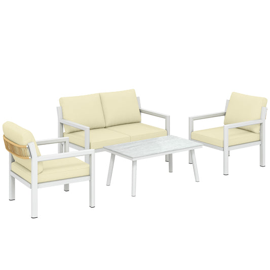 Photo of Outsunny 4 Seater Rattan Garden Furniture Set with 2 Armchairs, Loveseat, Coffee Table, Garden Sofa Set with Cushions, Beige in Beige colour on a white background